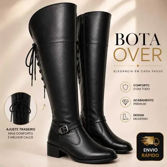 Bota Feminina Over The Knee Lady Cano Longo Plus Amarrar Ajustável Na Panturrilha Lisa e Camurça