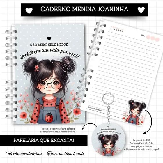 Caderno de anotações, caderno de Rotinas, Menininhas, Joaninha, Abelhinha e Cupcake