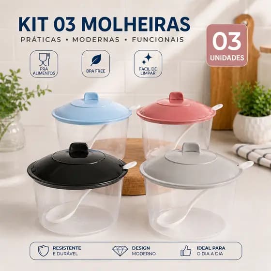 Kit 3 Porta Molho Com Tampa e Colher Dosadora. Mesa, Churrasco e Cozinha | PRETO, AZUL, ROSÉ E CINZA