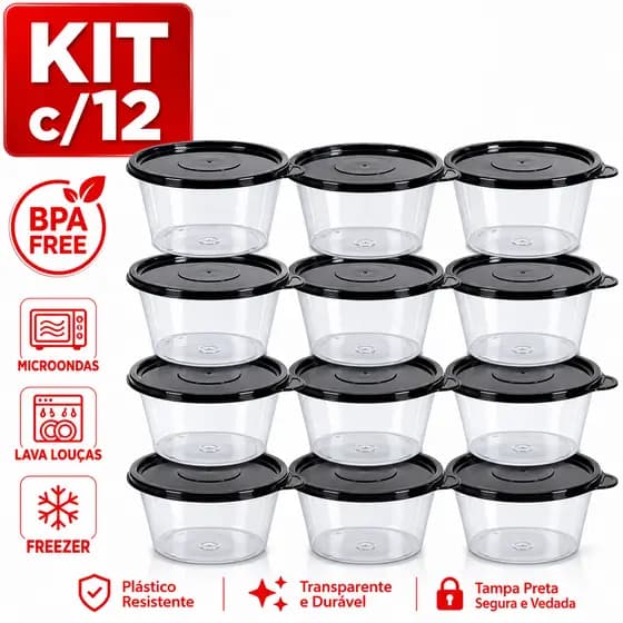 Kit 12 Potes Redondo 300ml Tampa Preta Hermética BPA FREE Reforçado. Potes Transparente. MULTIUSO