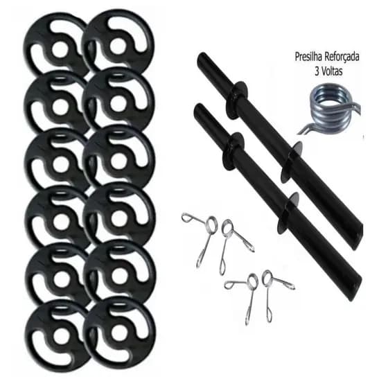 Kit Halteres de Anilhas e Barras Fitness Treino Academia -(18 Peças)