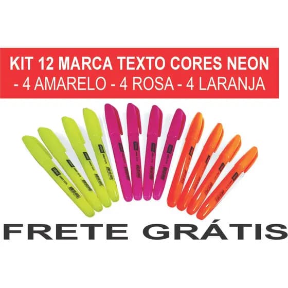 Kit 12 Marca Texto Neon Vighs – caneta marca texto colorida, material escolar, escritório