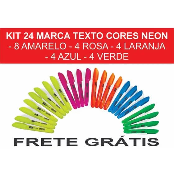 Kit 24 Marca Texto Neon Vighs – caneta marca texto colorida, material escolar (FRETE GRÁTIS)