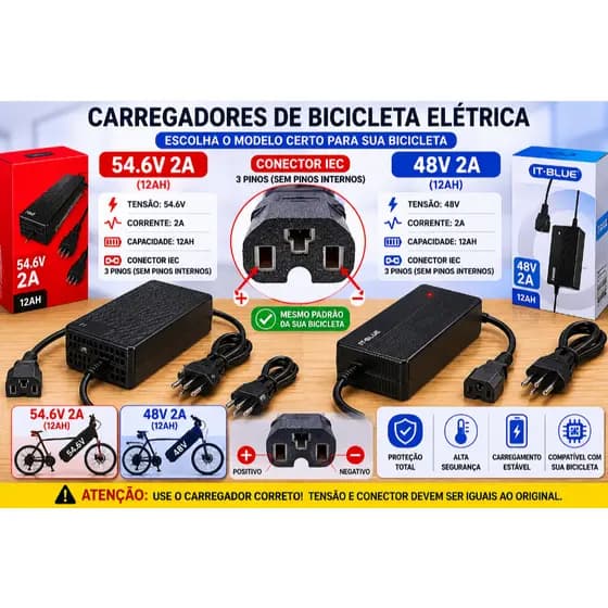 Carregador Fonte 54.6v 48v 2a Para Bicicleta Elétrica Duos Compatível com bateria de lítio