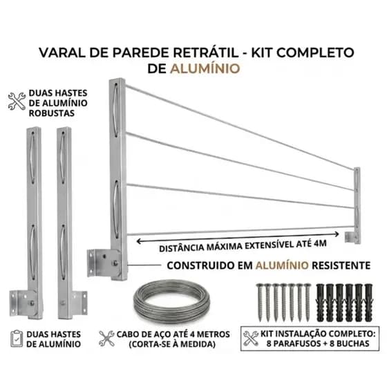 Varal de Roupa de Parede Retrátil 100% alumínio para Sacada Até 80kg