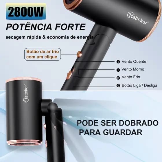Secador de Cabelo Dobrável de Alta Potencia 2800W com Secagem Rápida com Íons Negativos Hatteker