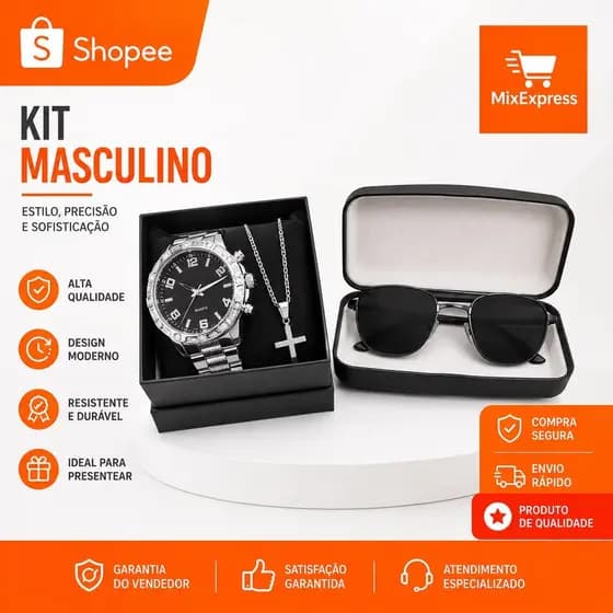 Kit Masculino Luxo Relógio + Óculos de Sol + Corrente com Pingente Cruz | Presente Masculino Completo