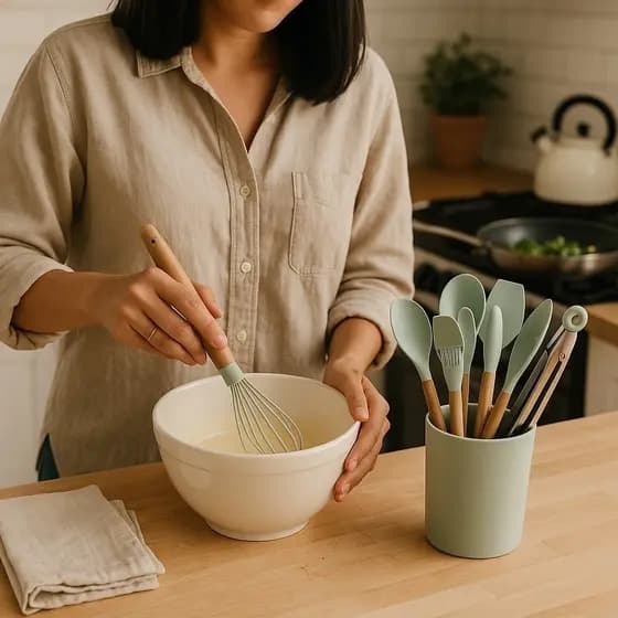 Conjunto de Utensílios de Silicone 8 Peças, Kit para Cozinha Colher Espátula Cabo de Madeira Atóxico