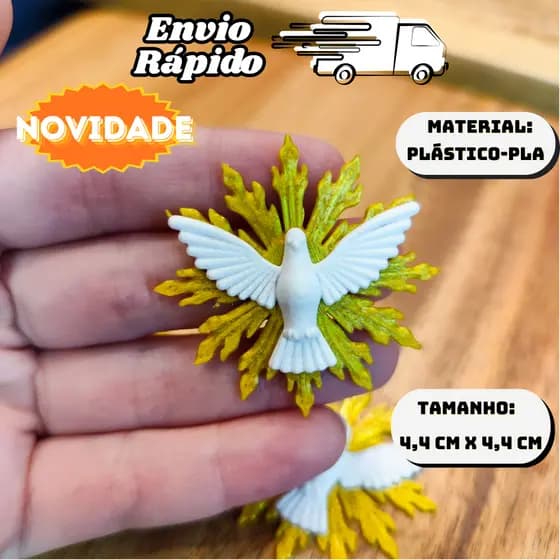 Kit Aplique Divino Espírito Santo com Resplendor DOURADO 4,4 x 4,4 cm – Impressão 3D