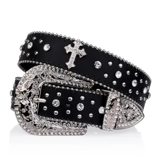 Cinto de Cowboy Ocidental Estilo Punk Preto Cruzado Cinto Estilo Country Feminino com Fivela Elegante de Cruz de St
