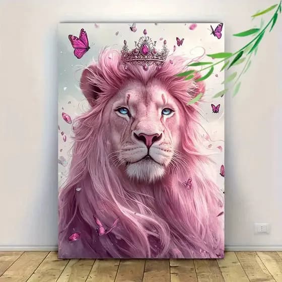 Quadro Decorativo Sala Leão Rosa Coroa Borboleta Decoração Quarto Escritório Parede