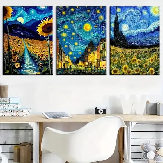 Quadro Decorativo Sala Campo de Girassóis Van Gogh Quarto Escritório 3 Peças