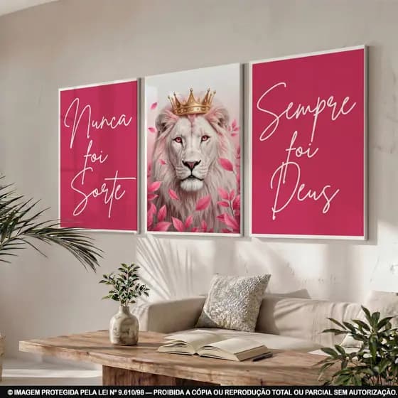 Quadro Decorativo Sala Leão Rosa Coroa Dourada Decoração para Casa Rosa Quarto de Menina