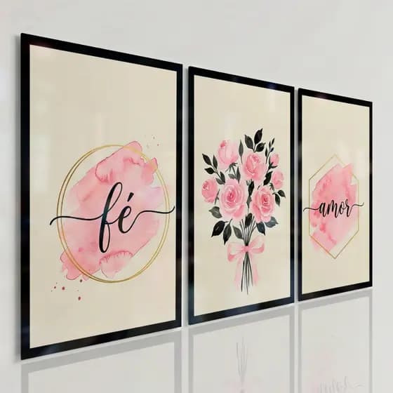 Quadro Decorativo Sala Flores Rosa Fé Amor Decoração Quarto de Menina Escritório
