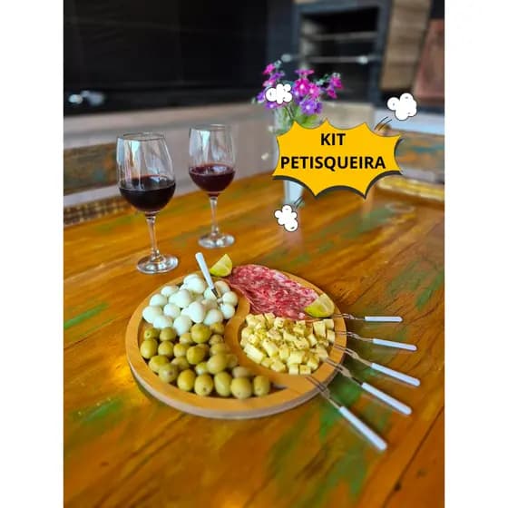 kit Petisqueira de Bambu com duas divisórias com garfinhos para petisco Tábua Petiscos