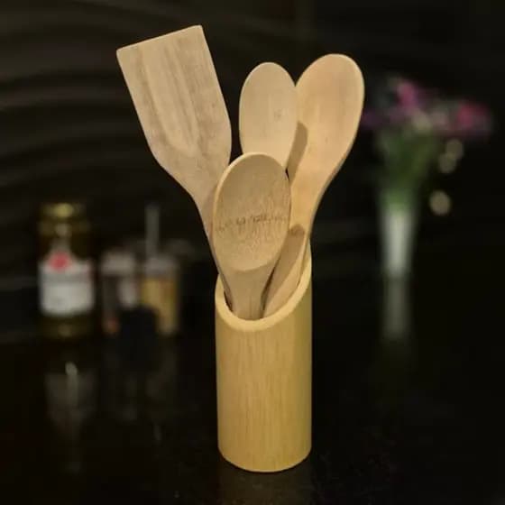Kit Colher de Pau Espátulas Utensílios em Bambu
