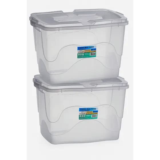 Kit 2 Caixas Organizadoras Plásticas 34L com Tampa Transparente Empilhável Multiuso Grande