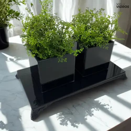 kit Bandeja Decorativa Vidro Lapidado Luxo com Pé Metal + 2 Cachepots + Brinde 2 Plantas Artificiais