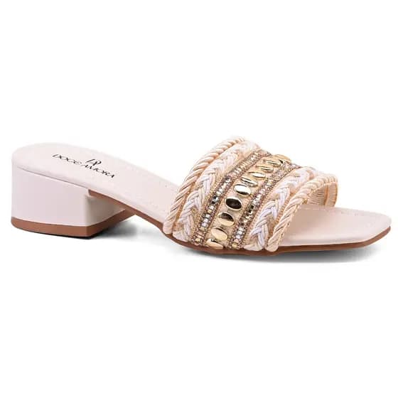 Tamanco Feminino Off White Tira Larga Com Detalhes e Apliques Texturizada Confortável e Estiloso