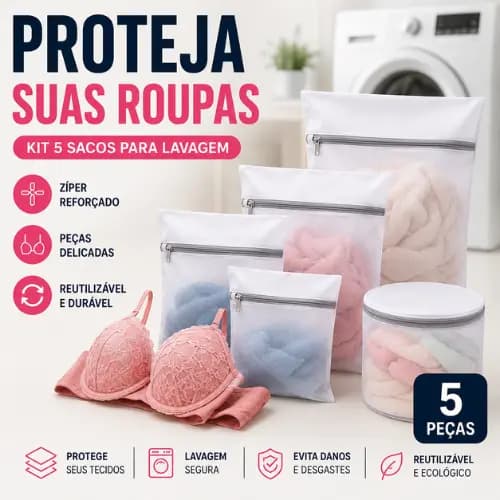 KIT 5 SACOS PARA LAVAR ROUPAS NA MÁQUINA PROTEGE PEÇAS DELICADAS COM ZÍPER