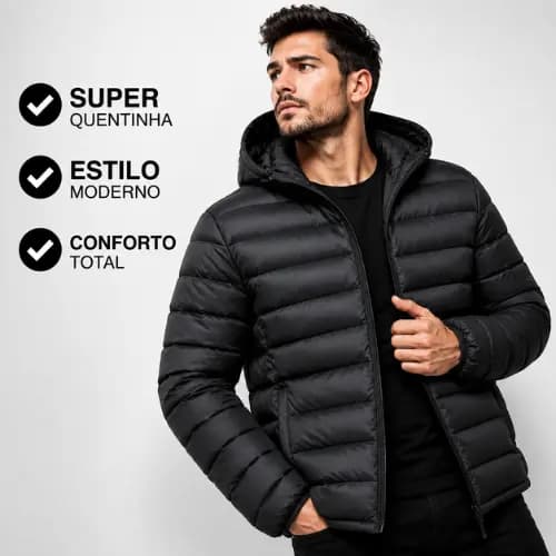 Jaqueta Masculina Acolchoada Puffer com Touca/Capuz, Casaco para Frio Intenso, Material Resistente e Quente para Inverno