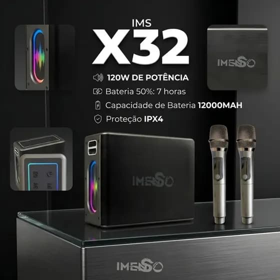 Caixa De Som Imenso IMS-X32 120w Com Luzes RGB Alça e 2 Microfones Sem Fio Recarregável Bivolt Som Potente Para Karaoke