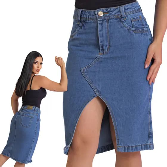 Saia jeans Feminina Midi Evangelica Fenda