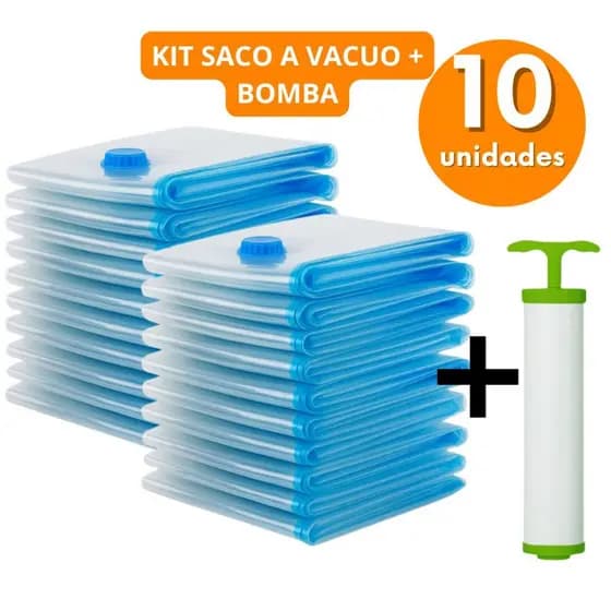 KIT 10 Saco a Vácuo + Bomba Manual Diversos Tamanhos Organizador Roupa Edredons Toalha Mala Viagem Guarda Roupa Compacto