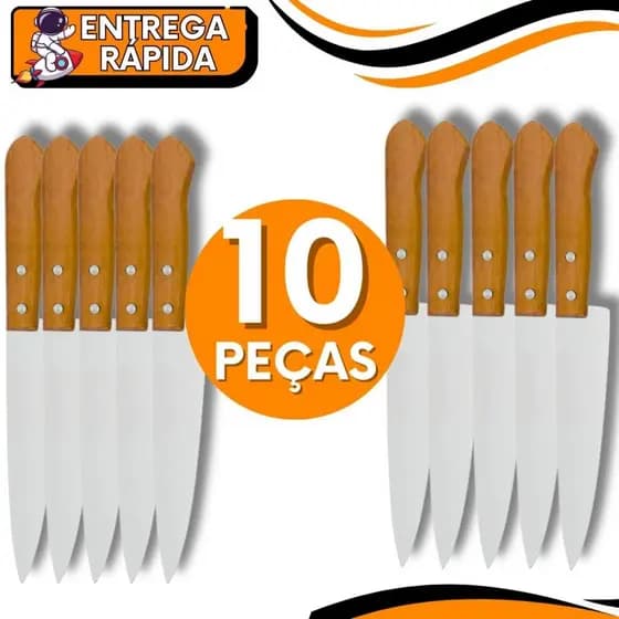 KIT JOGO 10 Faca De Cozinha Inox Profissional 8” do Chef 30cm Cabo Madeira | Para Cozinha Gourmet Carne Churrasco Corte