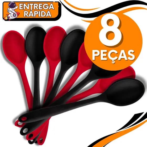 KIT JOGO 8 Colher Silicone Macio Resistente Utensílios de cozinha Não Risca Panela Servir Arroz Mexer Ovo Preta Vermelha