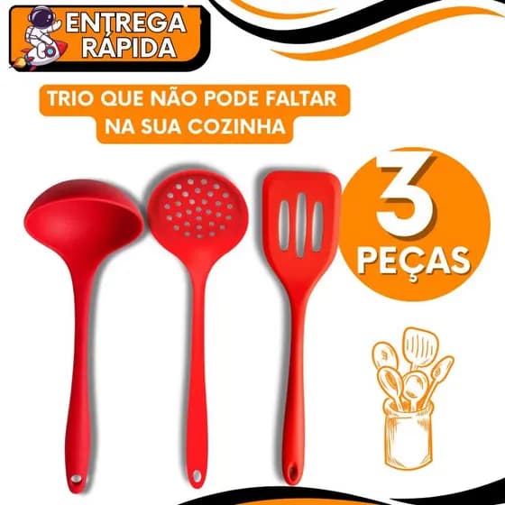 Utensilio Silicone Espátula + Concha +Escumadeira Premium Resistente Prático Não Risca Panelas Feijão Arroz Escoar