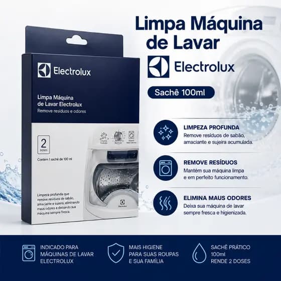 Limpa Máquina de Lavar Electrolux 100ml – Remove Resíduos, Sujeiras e Maus Odores | Sachê Original