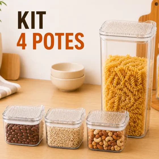 Kit 4 Dispensers Potes Herméticos Mantimentos Organizador Cozinha Tampa Vedação Transparente Clink