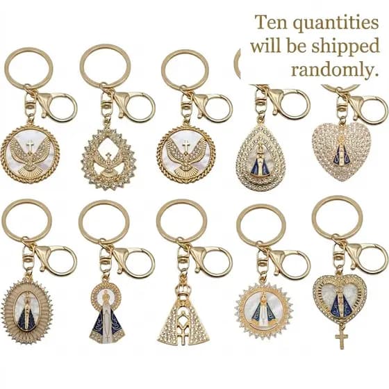 Kit 10 Chaveiros Nossa Senhora Aparecida Dourado Strass Lembrancinha Batizado Comunhão Casamento Atacado