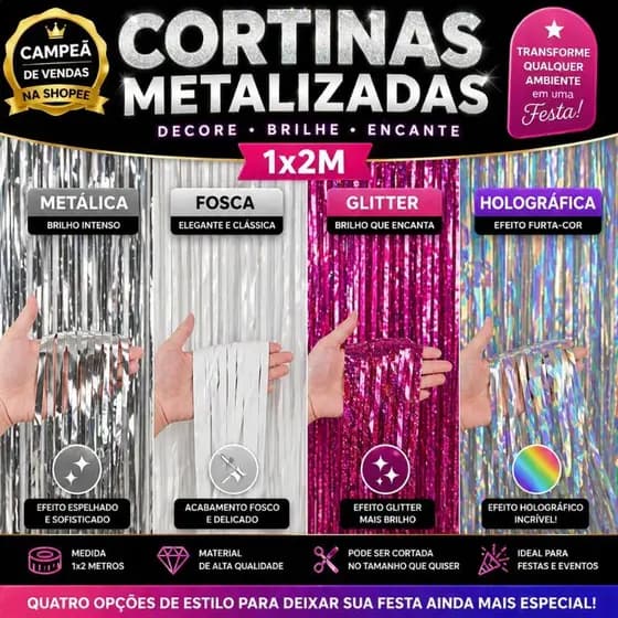 Cortina Metalizada Grande Lisa Franja - Glamour, Moderno, Para Aniversários Casamentos Eventos