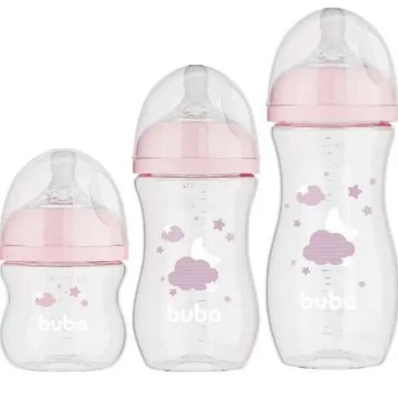 Kit c/ 3 Mamadeiras Buba Easy Flow Nuvem Rosa 120ml 270ml 330ml Anticólica