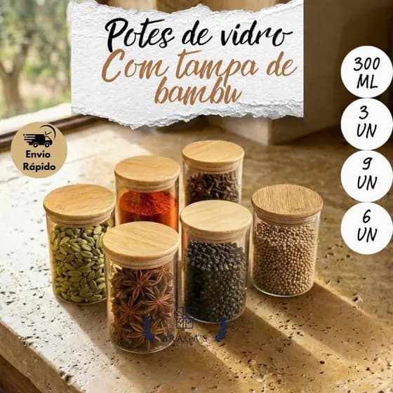 Kit 3 6 9 Potes De Vidro Herméticos Condimentos 300 ML Com Tampa De Bambu para Temperos Grãos Café Mantimentos