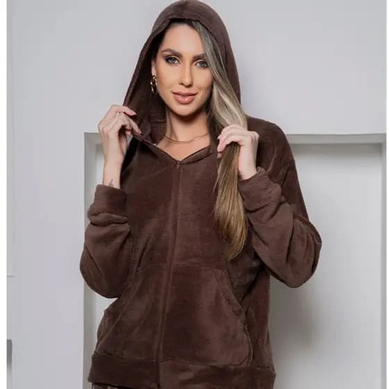 Casaco Feminino Inverno Veludo Molhado Pelinhos Felpulda Capuz e Ziper Moda 2025 - SM