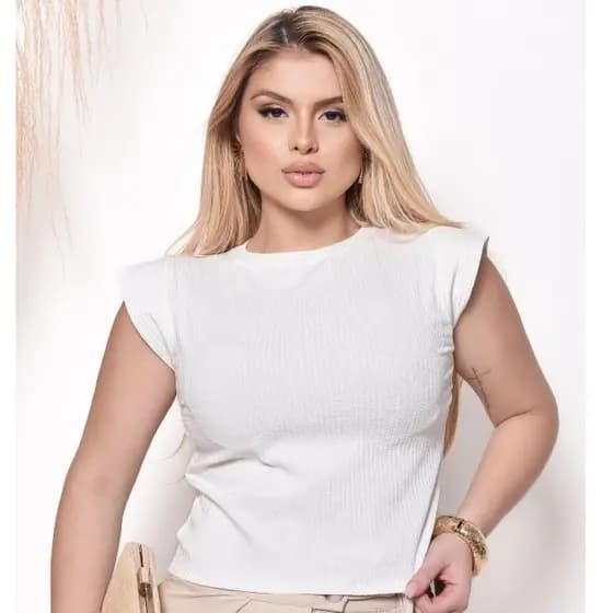 Blusa Feminina Muscle Tee com Ombreira | Malha Canelada Gola Redonda | Estilo Blogueira Básica