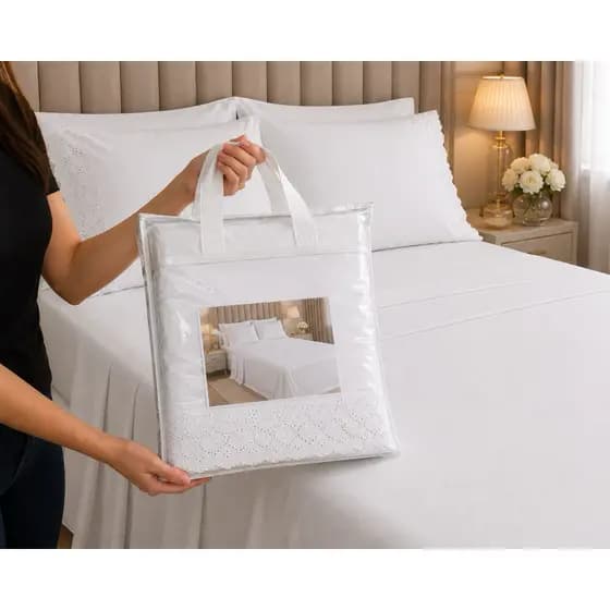 Jogo de Cama Casal Queen Branco Bordado Inglês Lençol Cama Alta Luxo