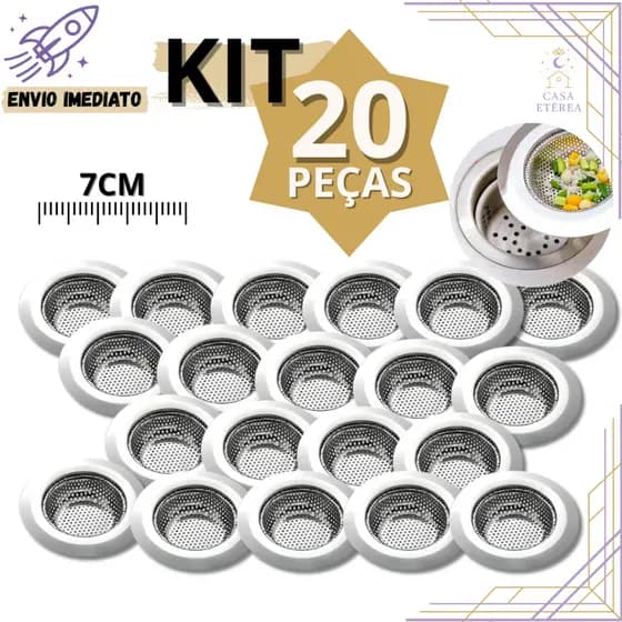Kit 20 Ralo Para Pia 7cm Inox com Borda Filtro Anti-entupimento Cozinha Doméstica Restaurante Profissional