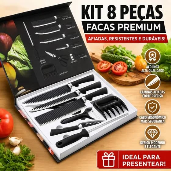 Conjunto de Facas Kit Churrasco e Cozinha Profissionais Em Inox 8 Peças Faqueiro Lâminas Afiadas para Cortes