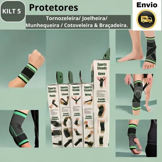 KIT 5 Protetores Tornozeleira/ Joelheira/ Munhequeira /Cotoveleira/Braçadeira.