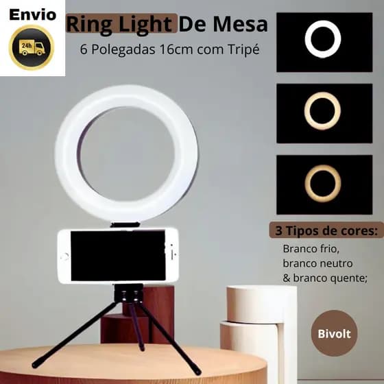 Ring Light De Mesa 6 Polegadas 16cm com Tripé - 3 Tons