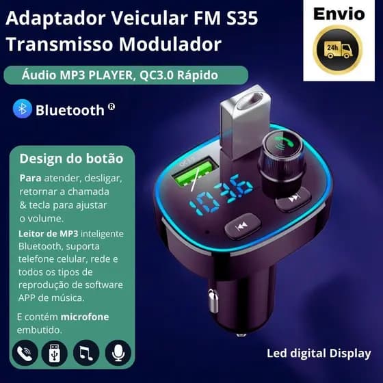 FM TRANSMISSOR MODULADOR 5.0 MÃOS-LIVRES KIT PARA CARRO ÁUDIO MP3 PLAYER, QC3.0 RÁPIDO