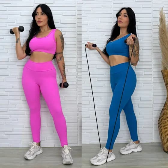 Kit 2 Conjuntos Fitness Feminino Top Legging Treino Academia Jacquard Leg sem Transparencia