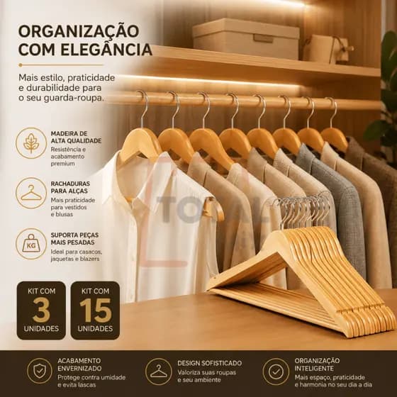 Kit Cabides de Madeira Luxo 3 ou 15 Unidades Reforçados Premium Para Closet e Guarda-Roupa