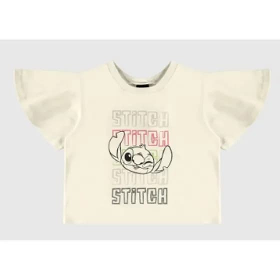 Blusa Infantil Menina Box Manga Godê Stitch Disney Em Algodão Malwee Kids - Off White