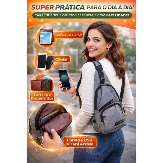 Bag unissex com entrada USB Esporte Fitness Executiva Viagem Trabalho lazer Segurança Alça Ajustavel