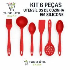 Conjunto 6 Pçs utensílios de Cozinha em Silicone Concha, Escumadeira, 2 Colheres, Espátula e Pincel